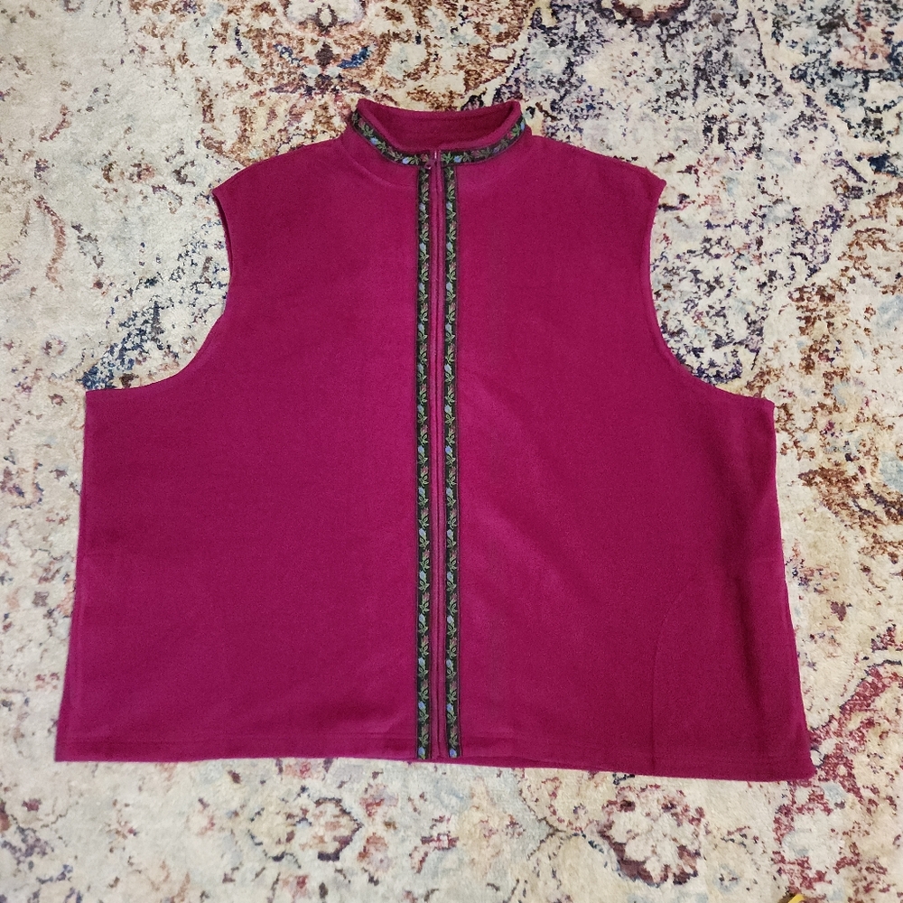Susan Graver Floral Trimmed Fleece Vest Nordic Magenta Purple Size 3X